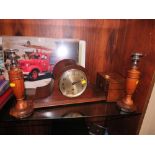 A NAPOLEON HAT MANTLE CLOCKS AND INLAID BOX TOGETHER WITH A PAIR OF CANDLESTICKS