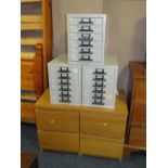 THREE SMALL METAL FILING DRAWERS AND A PAIR OF MODERN CABINETS (5)