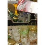 TWO BOXES OF ASSORTED GLASSWARE TO INCLUDE STUDIO GLASS, RETRO EXAMPLES, BOXED DRINKING GLASSES ETC