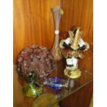A SELECTION OF STUDIO GLASSWARE TO INC A MURANO FIGURAL CANDLESTICK AND A LARGE AUBERGINE GLASS