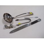 A MAPPIN & WEBB SILVER PLATED LADLE TOGETHER WITH A HORN HANDLED CARVING KNIFE ETC