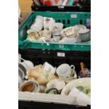 TWO TRAYS OF ASSORTED CERAMICS ETC T INC DENBY COFFEE CUPS AND SAUCERS, ROYAL STAFFORD TEAWARE,