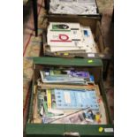 THREE TRAYS OF ASSORTED EPHEMERA TO INCLUDE HAM RADIO MAGAZINES CIRCA 1970S ETC, FOOTBALL PROGRAMMES