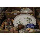TWO TRAYS OF ASSORTED POTTERY AND CERAMICS TO INCLUDE ROYAL COPENHAGEN, PORTMEIRION ETC., AND A