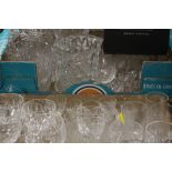 TWO BOXES OF ASSORTED GLASSWARE TO INCLUDE CAKE STAND, CUT GLASS DRINKING GLASSES ETC