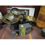 A COLLECTION OF ASSORTED METALWARE ETC TO INC F.J. THORTON & CO LTD SET OF SCALES, SERVANTS BELL