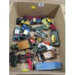 A TRAY OF ASSORTED DIECAST VEHICLES TO INC DINKY TRACTOR, LESNEY ETC