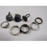 A SELECTION OF SILVER RINGS TOGETHER WITH A PAIR OF HALLMARKED SILVER CUFFLINKS