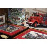 A SELECTION OF FIRE ENGINE SIGNS AND FRAMED PICTURES ETC