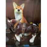 A MODERN FIRESIDE FOX TOGETHER WITH A CERAMIC SHIRE HORSE (2)