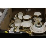A TRAY OF MINTON 'IMPERIAL GOLD' TEA WARE TO INCLUDE A CAKE PLATE, TEAPOT, CUPS AND SAUCERS ETC