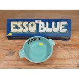 A VINTAGE METAL ESSO BLUE SIGN TOGETHER WITH A BRISTOL VIRGINIA ADVERTISING ASHTRAY