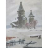 (XIX-XX). Russian school, wintery river landscape with church, signed lower right, watercolour,