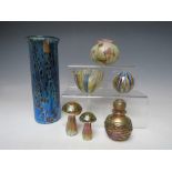 A COLLECTION OF ISLE OF WIGHT STUDIO GLASS, comprising a tall blue lustre cylindrical vase, H 23 cm,
