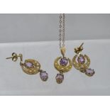 A 9CT GOLD AMETHYST AND SEED PEARL PENDANT AND EARRINGS SET, approximately 5.3 g