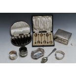 A COLLECTION OF HALLMARKED SILVER, to include two cased sets of coffee spoons, cigarette box, two