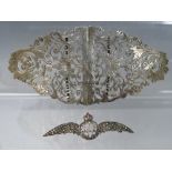 A HALLMARKED SILVER NURSES BELT BUCKLE, together with a white metal marcasite set R.A.F sweetheart