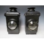 A PAIR OF CAST IRON ADLAKE NON SWEATING LEVEL CROSSING RAILWAY LANTERNS, complete with burners, H 39