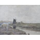 HERBERT NYE (1885-1927). Impressionist river landscape with horse, windmill and farm buildings,