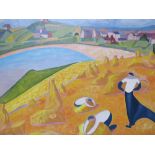 MARIJOTT (XX). Continental school, modernist haymaking scene with figures and buildings, signed