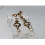 A PAIR OF 9CT GOLD VINTAGE STYLE SEED PEARL AND TURQUOISE SET EARRINGS, with pearl type dropper