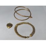 A GILT METAL SNAKE ARM BANGLE, together with a decorative link bracelet stamped 925 and a 9ct gold