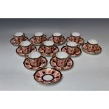 A ROYAL CROWN DERBY PORCELAIN COLLECTION OF TEN CHATSWORTH IMARI PATTERN CABINET CUPS AND SAUCERS,