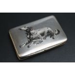 A SILVER PLATE AND ENAMEL SNUFF BOX WITH DOG DECORATION, W 7.5 cm