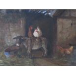 (XIX-XX). English school ,farmyard scene with donkey and chickens, unsigned, oil on board, framed,