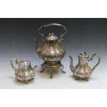 A SILVER PLATED SPIRIT KETTLE, teapot and coffee pot, tallest H 40 cm (3)