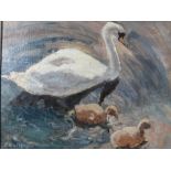 RONALD OSSORY DUNLOP (1894-1973). Impressionist study of a swan and two cygnets swimming, signed