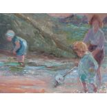 (XX). English school, impressionist rocky beach scene with woman and children searching rock