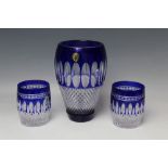 A WATERFORD CRYSTAL BLUE GLASS VASE AND TWO TUMBLERS, vase H 20.5 cm (3)