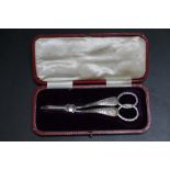 A CASED PAIR OF HALLMARKED SILVER GRAPE SCISSORS BY COOPER BROTHERS - SHEFFIELD 1896, approx