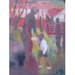 (XX). Impressionist fairground scene with figures and child, unsigned, oil on paper, framed and