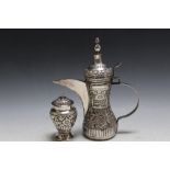 AN ARABIC WHITE METAL COFFEE POT, together with matching pot and cover, approx combined weight