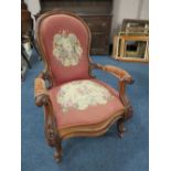 A VICTORIAN MAHOGANY OPEN GENTLEMAN'S ARMCHAIR, with needlepoint detail