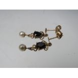 A PAIR OF 9CT GOLD SAPPHIRE EARRINGS, with pearl type dropper