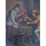 (XIX). Dutch school, an inn interior with figures playing backgammon, unsigned, oil on metal,