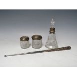 A SILVER COLLARED PERFUME/ VANITY BOTTLE, together with two silver topped vanity jars and an