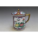 AN ORIENTAL STYLE ENAMEL CUP AND COVER, H 14 cm