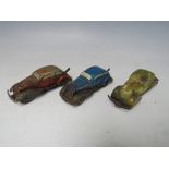 THREE SMALL VINTAGE CLOCKWORK TINPLATE CARS, average L 10 cm