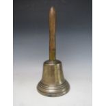 A 19TH CENTURY ISLE OF MAN WOODEN HANDLED HANDBELL, inscribed J. Kewley, Douglas, 1835', overall H
