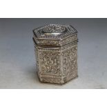 A CONTINENTAL HEXAGONAL WHITE METAL TEA CADDY, marks to base, approx weight 102g, H 8.5 cm