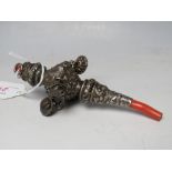 A HALLMARKED SILVER AND CORAL BABY'S TEETHER RATTLE - BIRMINGHAM 1838?, makers mark GU, H 12 cm