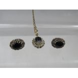 A 9CT GOLD SAPPHIRE AND DIAMOND PENDANT AND EARRINGS SET, approximately 4.6 g