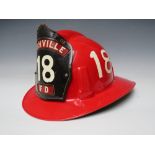 A RED PLASTIC US NASHVILLE FIRE DEPARTMENT TOPGARD HELMET BY MSA, with hand painted number 18 on