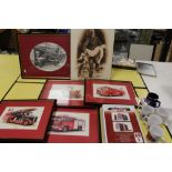 SIX FRAMED FIRE RELATED PICTURES, together with five fire related china mugs and a boxed Cityscape