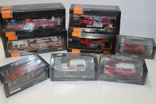 FOUR BOXED IXO FIRE ENGINES, TRF001, TRF013, TRF012, TRF002, together with four boxed Matrix