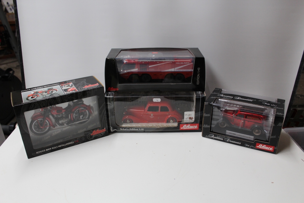 THREE BOXED SCHUCO FIRE VEHICLES, to include a 1:18 scale Mercedes Benz 00056, !:43 scale Iveco